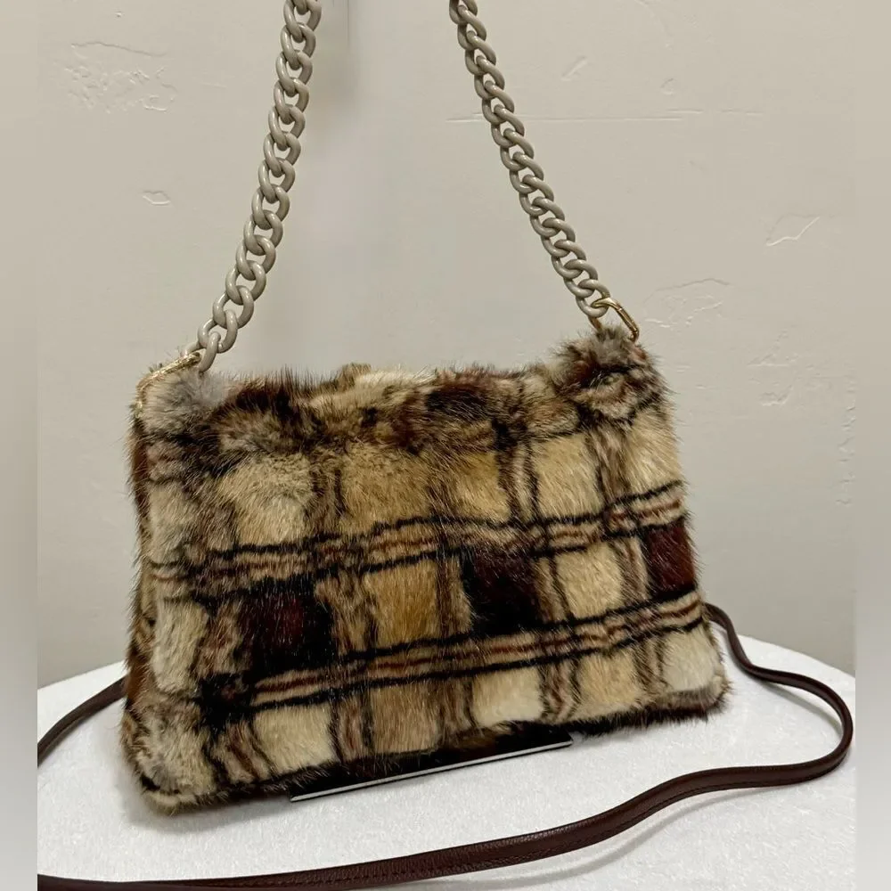 Plaid Print Real Muskrat Fur Handmade Slouchy Bag/Shoulder Bag/Crossbody